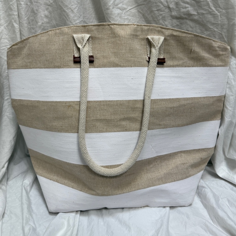 Women’s Large Tan and White Striped Reusable Tote Bag.